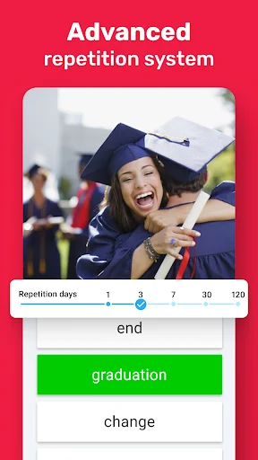 Advanced repetition system for vocabulary learning showing graduation theme with spaced repetition schedule