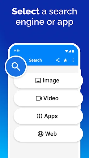 Voice Search app menu displaying search category options: Image, Video, Apps, and Web search engines