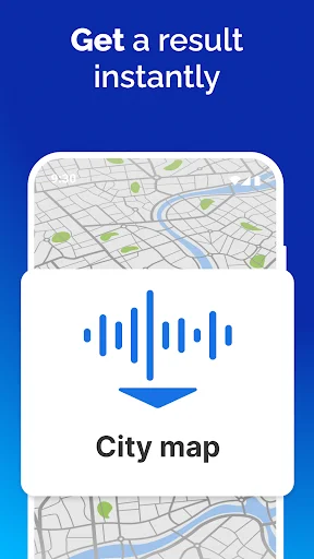 Voice Search app displaying instant city map results with voice waveform indicator for location queries