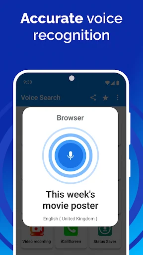 Voice Search app demonstrating accurate voice recognition detecting phrase 'This week's movie poster'