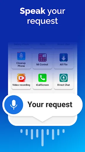 Voice request interface showing microphone button and app integration for voice-controlled searches