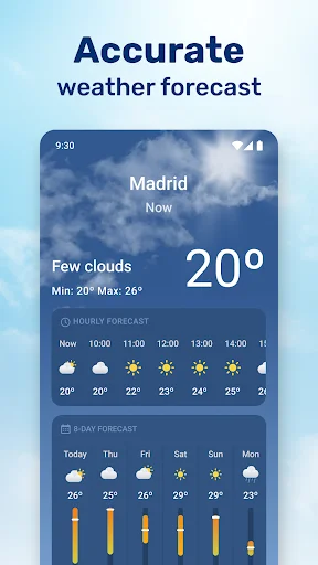 Weathersea app showing Madrid weather: 20° with few clouds, hourly and 8-day forecast display