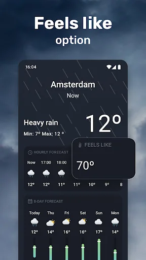 Amsterdam weather showing feels like temperature feature: 12° actual, feels like 70° during heavy rain