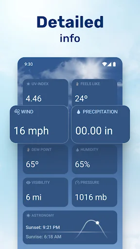 Detailed weather info screen displaying UV index, wind speed, precipitation, humidity, visibility, and pressure