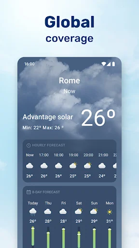 Rome weather with global coverage: 26° advantage solar conditions, hourly and weekly forecast view