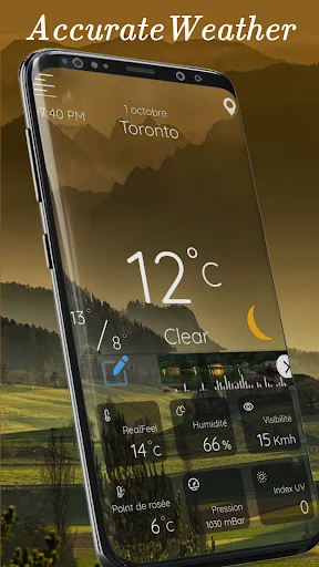 Weather app displaying current weather in Toronto showing 12°C clear conditions with humidity, visibility, wind and pressure details