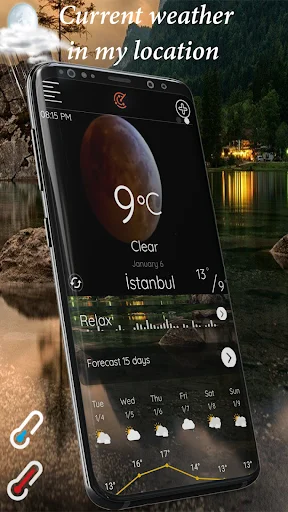 Weather app showing current location weather for Istanbul at 9°C with clear skies and 7-day forecast preview with weather icons