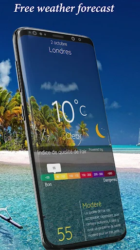 Weather app featuring London weather at 10°C with quality index, daily forecast, and moderate weather condition information