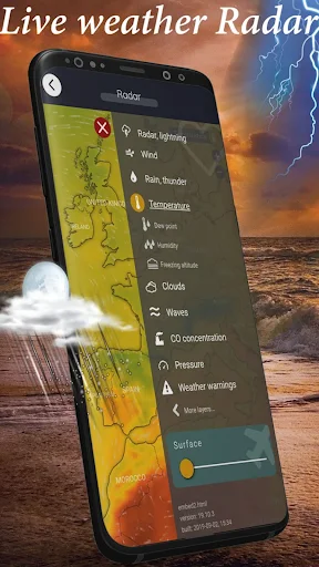 Weather radar map interface with toggleable layers for wind, rain, temperature, clouds, precipitation and weather warnings