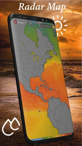 Radar weather map showing North America with color-coded temperature gradient from green to red for weather conditions visualization