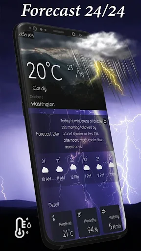 Weather forecast app showing Washington at 20°C cloudy conditions with detailed weather information and 24-hour hourly forecast