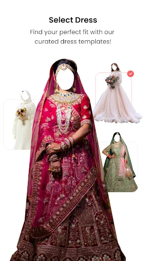 Wedding dress selection screen showing traditional bridal lehenga templates and dress options