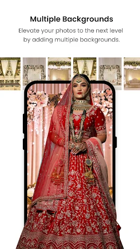 Wedding photo background editor displaying bride in red lehenga with multiple backdrop options