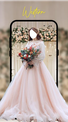 Western-style pink ball gown wedding dress template with floral bouquet in photo editor