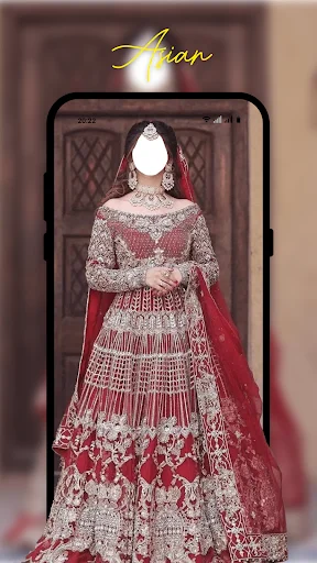 Asian red bridal lehenga template with intricate silver embroidery and dupatta