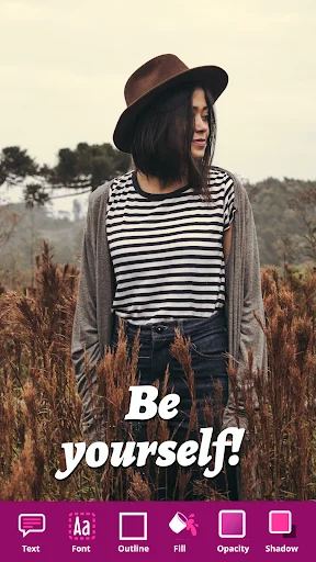 Write on Pictures app interface showing text overlay 'Be yourself' with font, outline, opacity, and shadow editing tools
