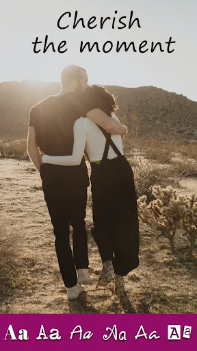 Cherish the moment photo with text overlay showing multiple font style options in picture editor app