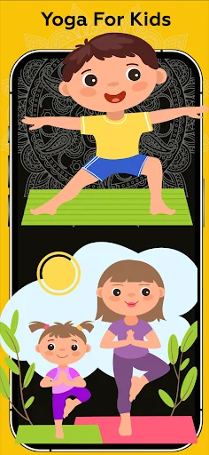 Yoga For Kids app home screen with cartoon children performing yoga poses on green mat with illustrated yoga movements and app branding