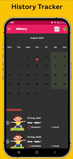 History Tracker calendar for August 2023 showing completed yoga workouts with session details, dates, and exercise logs