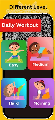 Daily Workout difficulty levels menu showing four options: Easy, Medium, Hard, and Morning yoga sessions for kids fitness