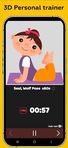 3D personal yoga trainer interface displaying Seal Wolf Pose 80s exercise with 57 second timer and playback controls