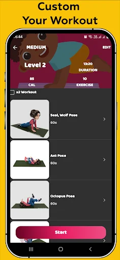 Custom Workout builder displaying Level 2 Medium difficulty routine with Seal Wolf Pose, Ant Pose, and Octopus Pose exercises