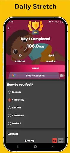 Daily Stretch session completion screen showing 106 calories burned, workout duration, feedback rating, and weight tracking options