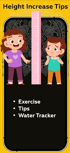 Height Increase Tips screen showing two cartoon children next to height measurement scale with Exercise Tips and Water Tracker features