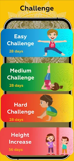 Yoga Challenge programs menu with Easy 28-day, Medium 28-day, Hard 28-day, and Height Increase 56-day challenge options